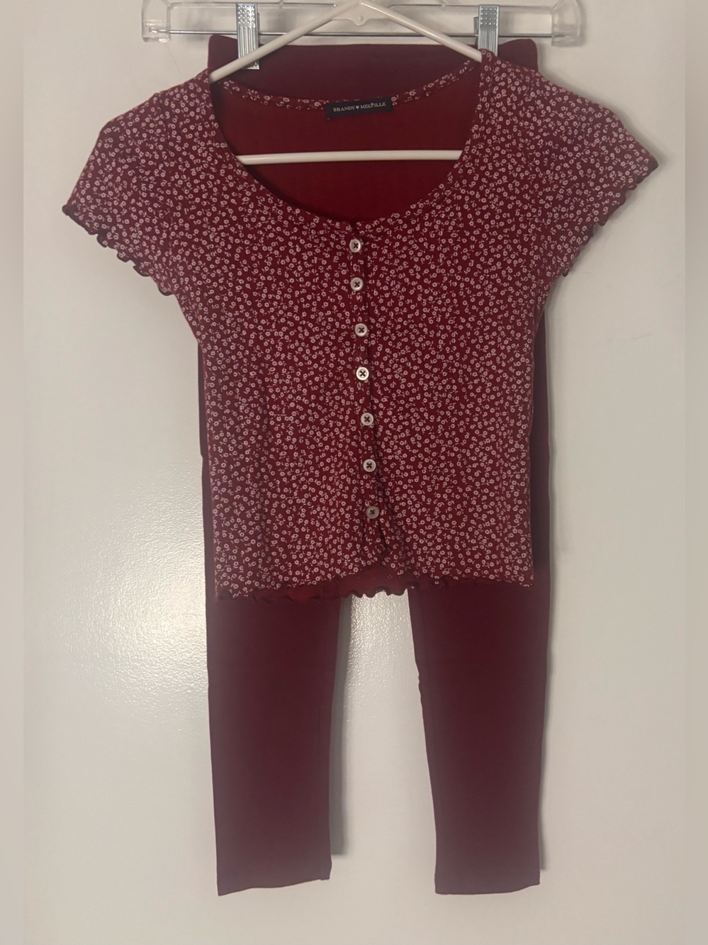 Brandy Melville Burgundy Floral Button Front Top & Leggings Set